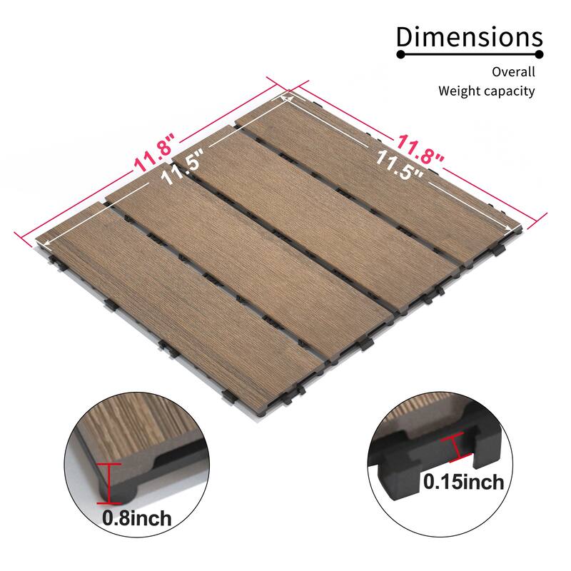 Patio Floor Tiles Pack of 22 WPC Wood-Plastic Composite Patio Deck Tiles DIY Interlocking Decking Tiles-11.8" ASH