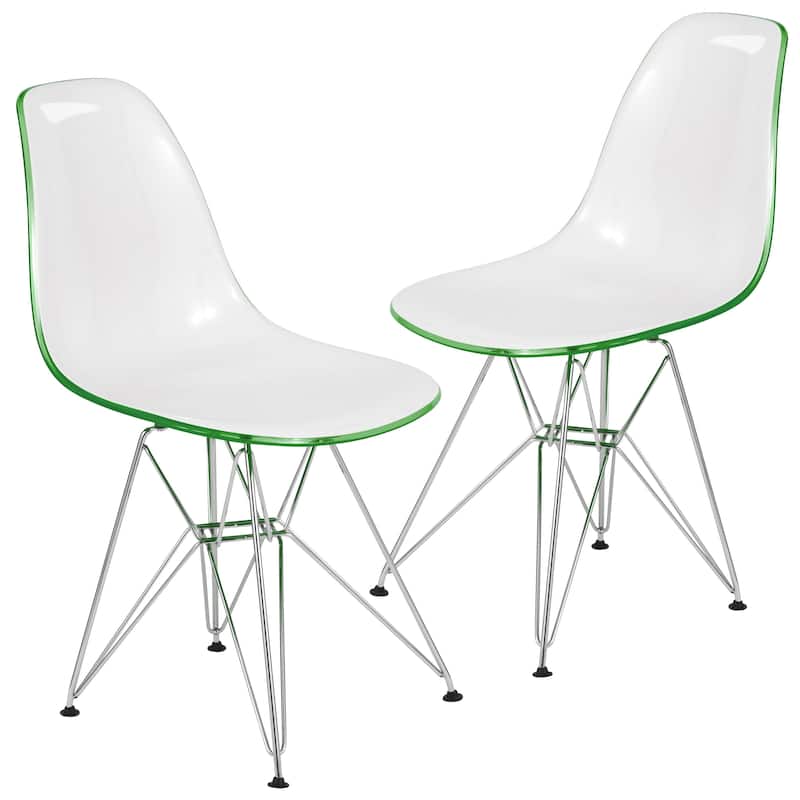 Cresco Transparent Acrylic Chairs with Chrome Eiffel Legs - Modern Dining Chairs for Kitchen Dining Room Home Office Set of 2 - White Green