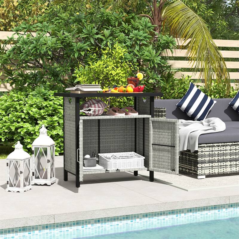 PE Rattan Outdoor Storage Cabinet with Steel Frame and Shelf - 35.4" W x 19.7" D x 35.4" H