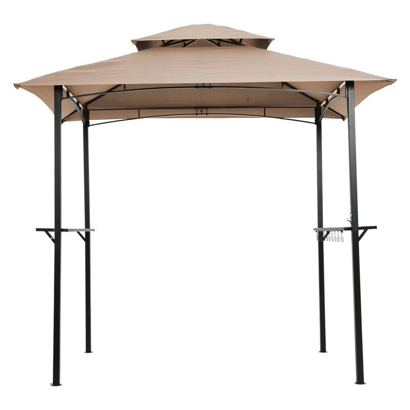 8x5 Ft Double Tier Grill Gazebo with Steel Frame, Canopy & Bar Counters, Khaki - Beige