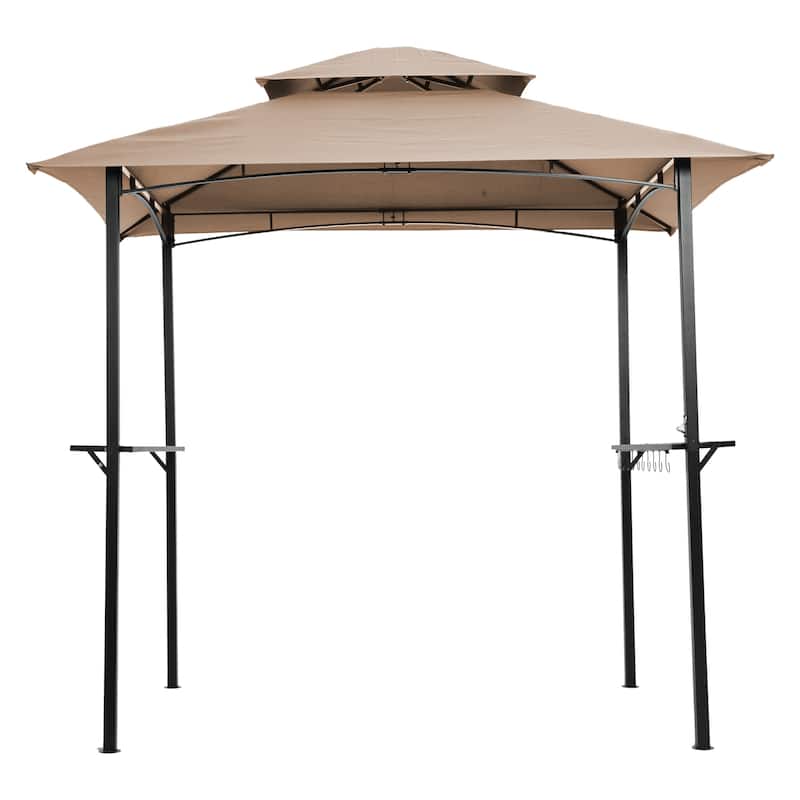 Outdoor Grill Gazebo 8 x 5 Ft, Shelter Tent, Double Tier Soft Top Canopy and Steel Frame with hook and Bar Counters - khaki