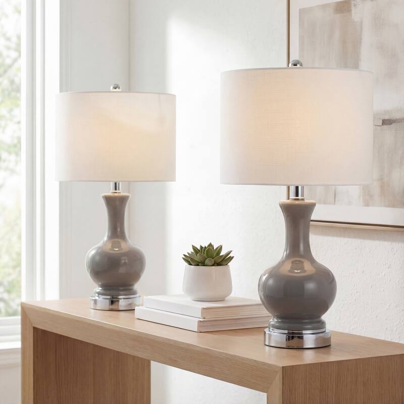 Vermont 22" Glass/Metal LED Table Lamp, White (Set of 2) by JONATHAN Y - Gray/Chrome/White