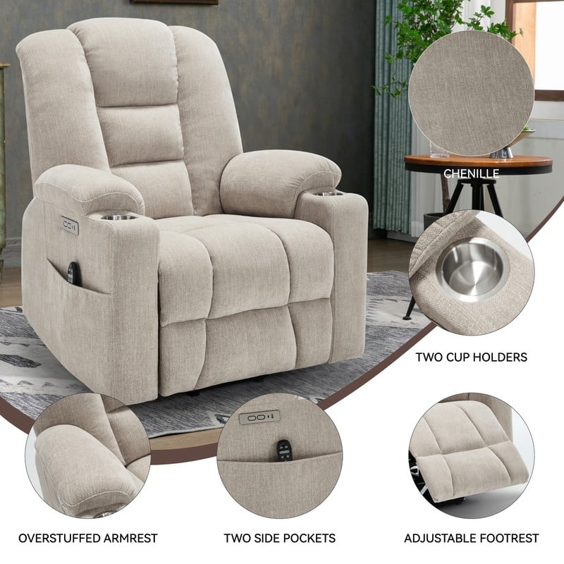 Large Power Lift Recliner with Massage & Heat - Heavy Duty Wide Recliner Chair for Elderly, USB/Type-C Charging, Cup Holders