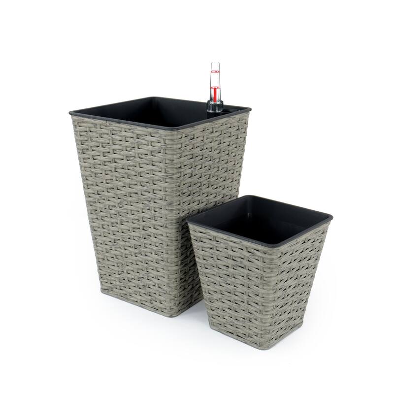 Medium 9 in. & 7 in. Smart Self-Watering Square Planter with Water Level Indicator - Hand Woven Wicker (2-Pack)