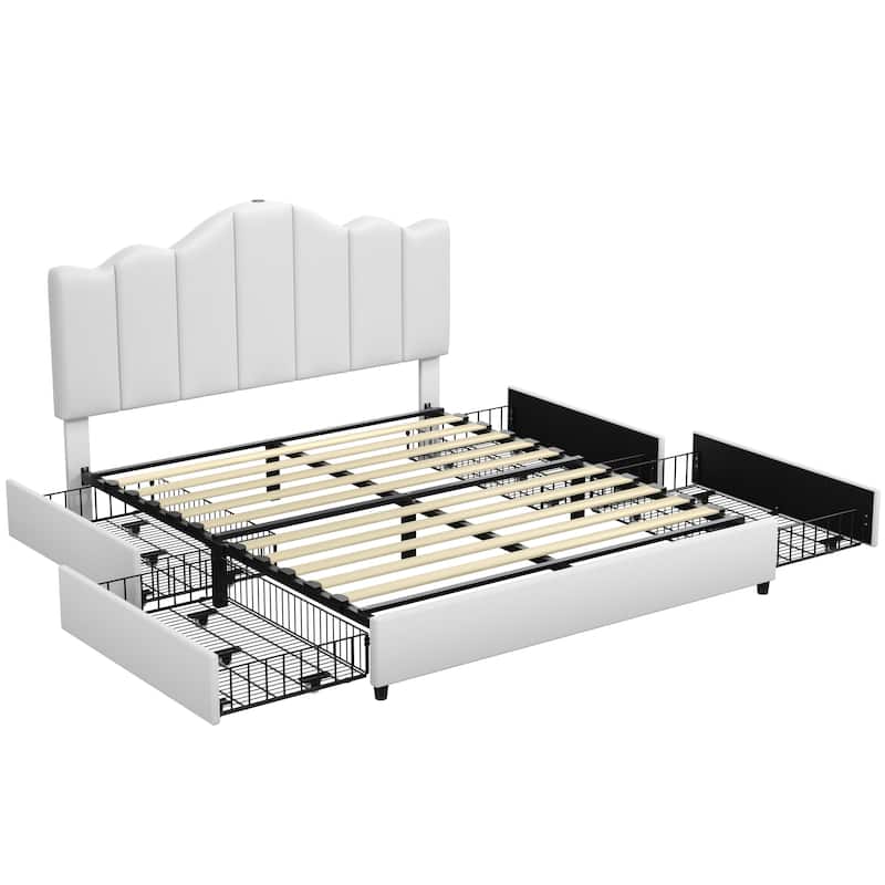 VECELO Upholstered Storage Bed Frames with Charging Stations and 4 Rolling Drawers on Both Sides Vertical Stripe Design