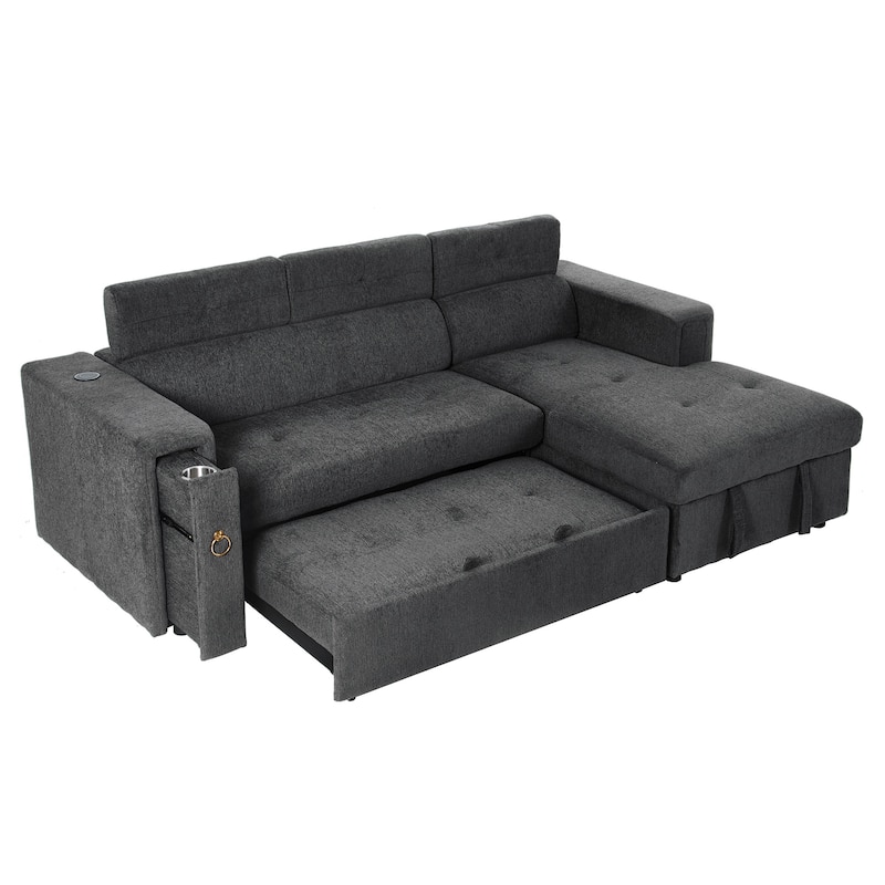 96" L-Shaped 3-Seat Sectional Sofa with Pull-Out Bed, Wireless Charging, and Hidden Storage with Cup Holders