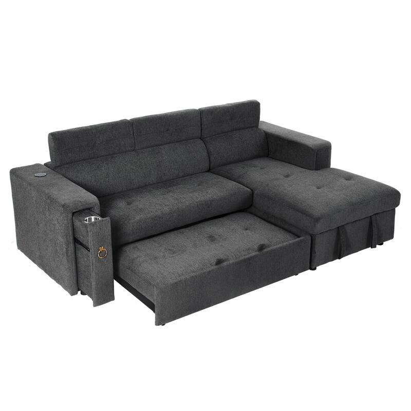 96" L-Shaped 3 Seat Sofa with Pull-Out Bed and Wireless Charging