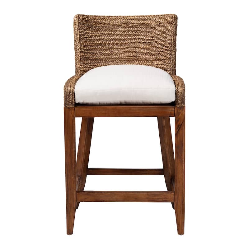 Ridley Seagrass Counter Stool with Mahogany Wood Frame - Coastal Seating with Woven Square Back and Cushioned Seat for Kitchen