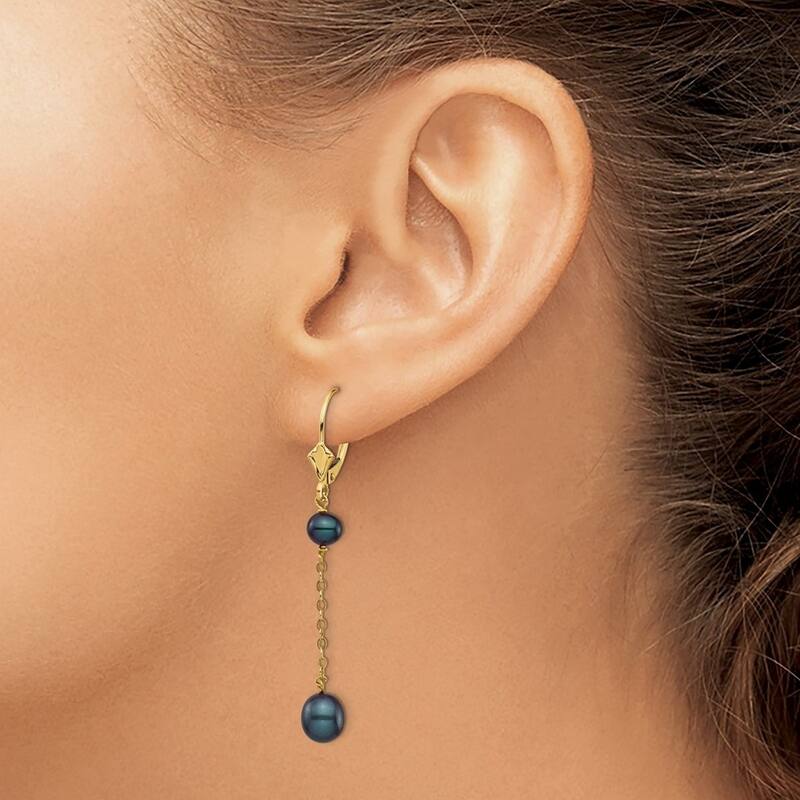 Curata 14k Yellow Gold 5-7mm Black Rice Freshwater Cultured Pearl Leverback Earrings - 49.75mm