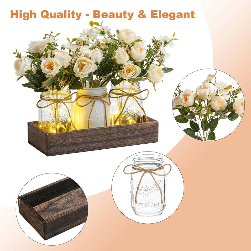 3 Pack Mason Jar Centerpiece with LED Lights & Wooden Tray, Farmhouse Floral Centerpieces for Dining Table, Coffee Table