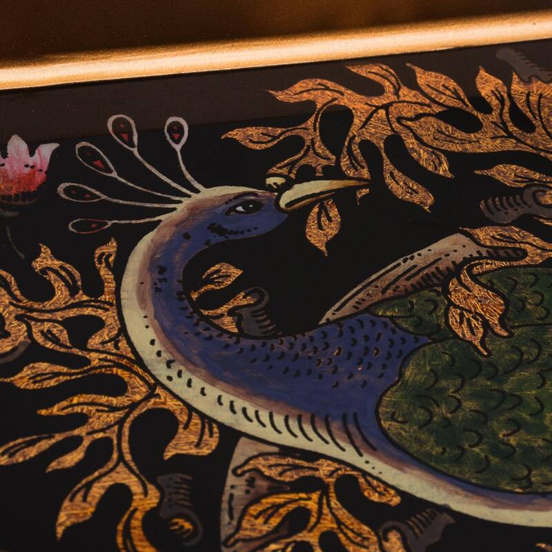 Handmade Peacock Presentation Reverse-Painted Glass Tray (Peru) - 1.2" H x 12.25" W x 6.75" D