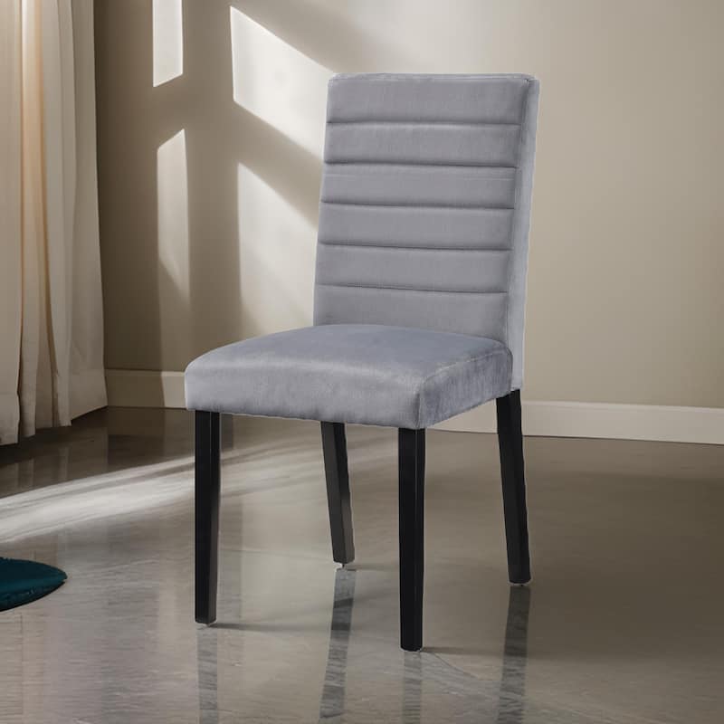 Andy 18 Inch Side Dining Chairs Set of 2, Channel Tufted Gray Velvet, Black Wood