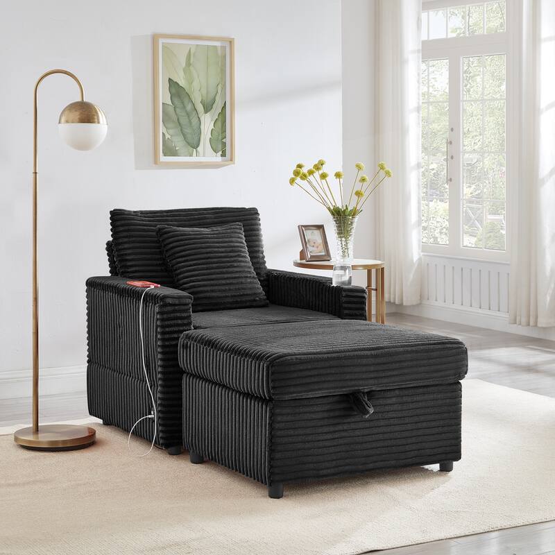 Fluffy Corduroy Lazy Sofa Chaise Lounge with Accent Chair, Storage Ottoman, Folding Table Board, Cup Holder and USB