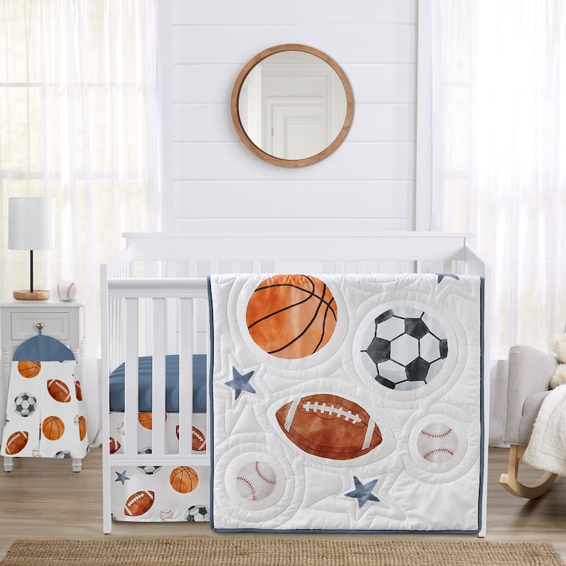 Sweet Jojo Designs Sports Theme Boy 4pc Nursery Crib Bedding Set Watercolor Vintage Soccer Balls Football Baseball Basketball