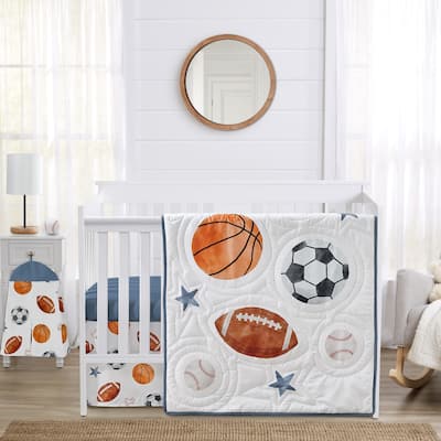 Sweet Jojo Designs Sports Theme Boy 4pc Nursery Crib Bedding Set Watercolor Vintage Soccer Balls Football Baseball Basketball