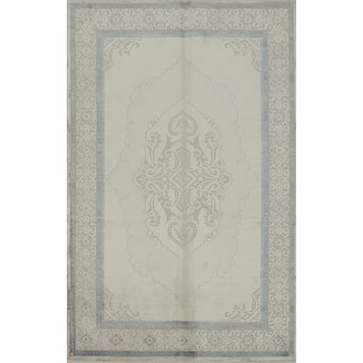 Machine Made Oriental Polyester Carpet Traditional Medallion Beige & Ivories Tabriz Area Rug - 7' 5'' X 5' 2''