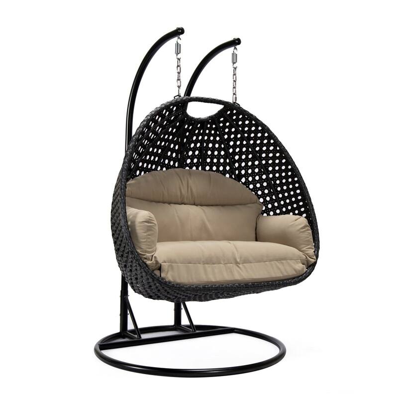 Patio 2-Person Hanging Egg Swing Chair Charcoal Wicker and Iron Frame Breathable Removable Cushion Covers by LeisureMod - Taupe