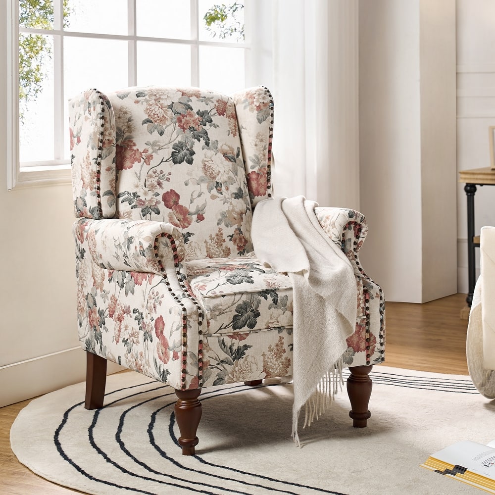 Gott Traditional Floral Wingback Armchair with Solid Wood Legs by HULALA HOME