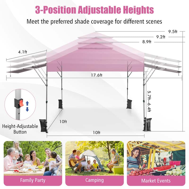 Outdoor Pop Up Canopy Tent with Side Awnings 10x17.6 Ft for Patio or Beach - 10 x 17.6 x 8.9-9.5 ft