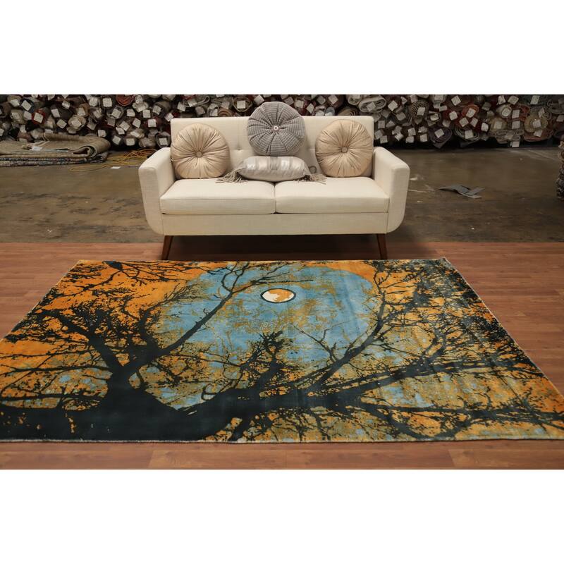 Hand Knotted Oriental Viscose Silk Carpet Modern Pictorial Oranges & Rust Abstract Area Rug - 7' 10'' X 5' 8''