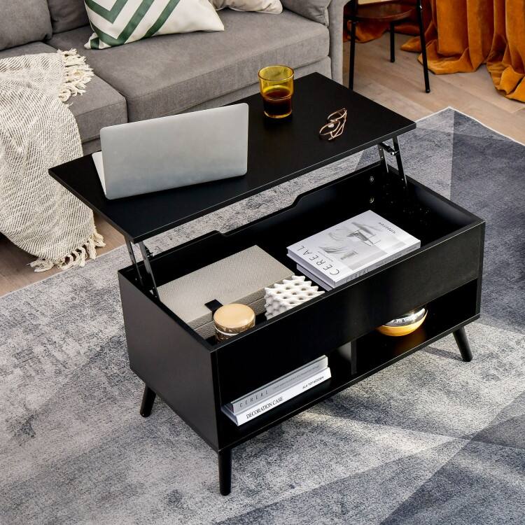 31.5 Inch Lift Top Coffee Table with Hidden Compartment and 2 Storage Shelves - 31.5" x 15.5" x 17.5" (L x W x H)