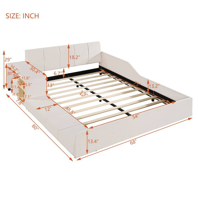 Full Size Upholstered Grounded Bed, Mother & Child Bed with Bedside Desk and Little Round Stool