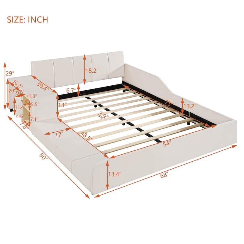 Mother & Child Bed Frame, Velvet Upholstered Grounded Bed, Bedside Desk and Little Round Stool,Wood Low Profile Bed Platform Bed
