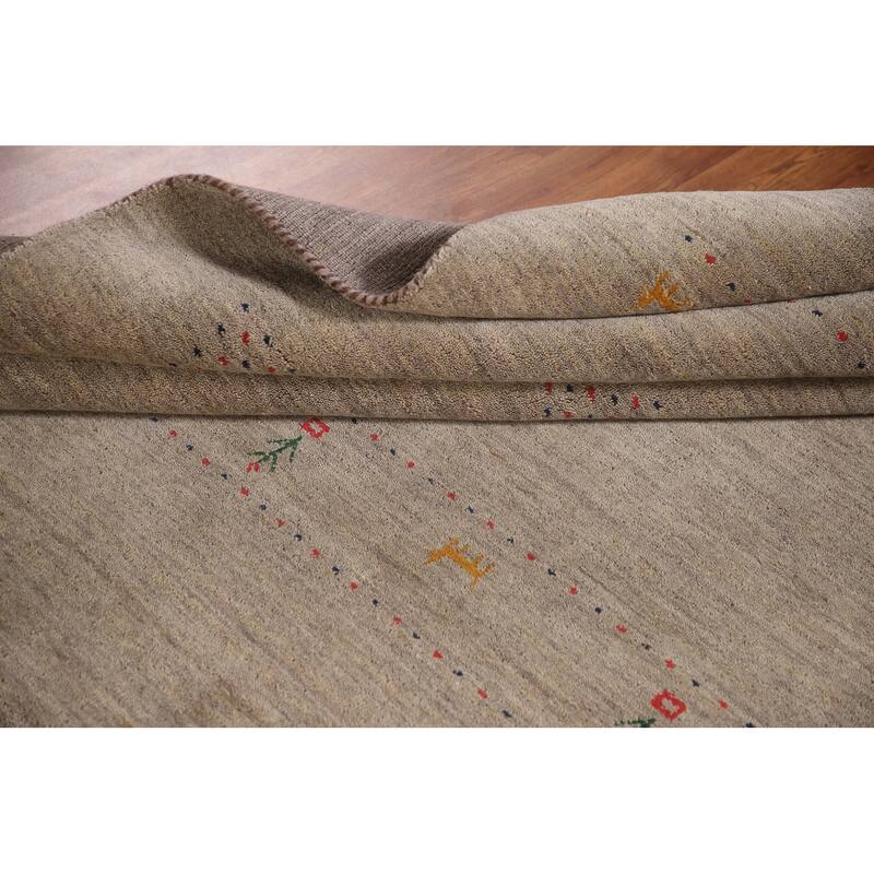 Beige Tribal Gabbeh Area Rug Hand-Knotted Wool Carpet - 8'3"x 9'10"