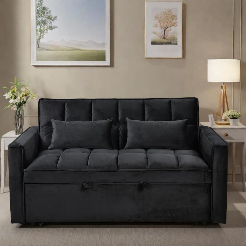 52.75"Velvet 2-Seater Sleeper Sofa with Curved Backrest and Fiber Cotton for Comfort - Black