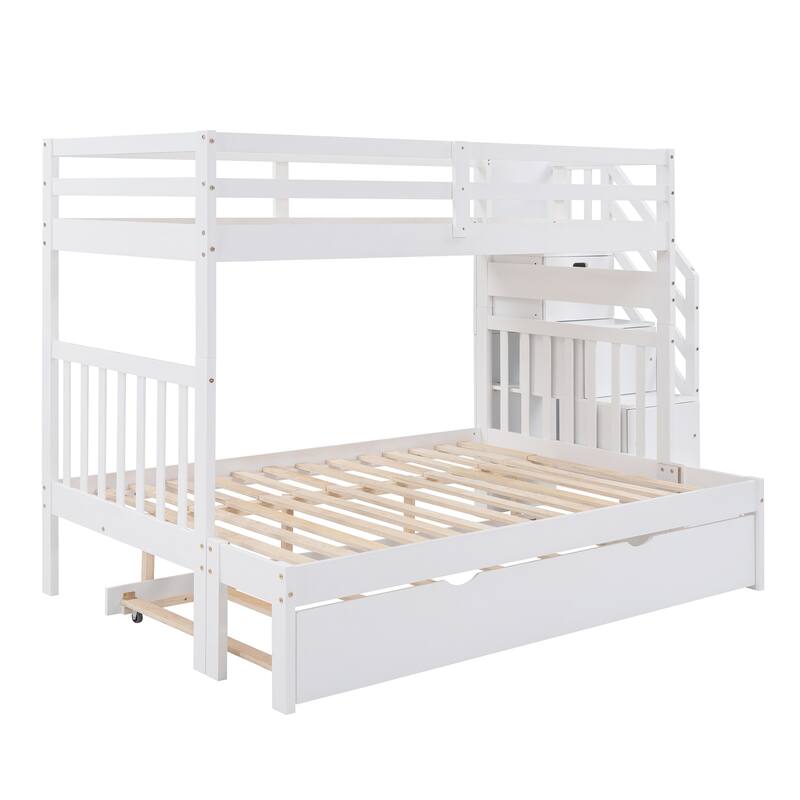 Convertible Twin Over Full Bunk Bed with Trundle and Stair Storage, Durable Wood Frame