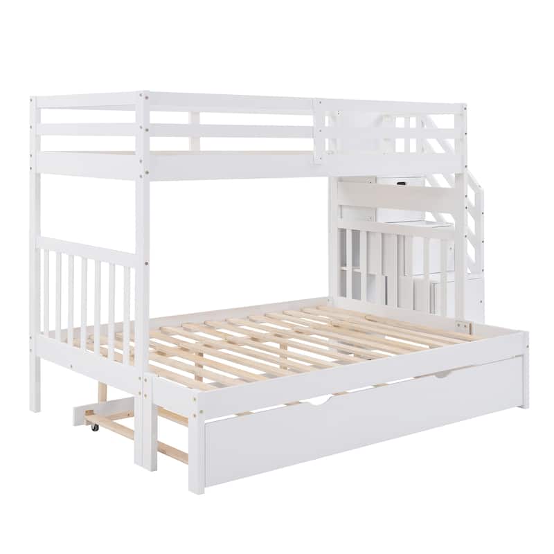 Twin Over Full Bunk Bed with Trundle and Storage Stairs Solid Pine Wood Frame