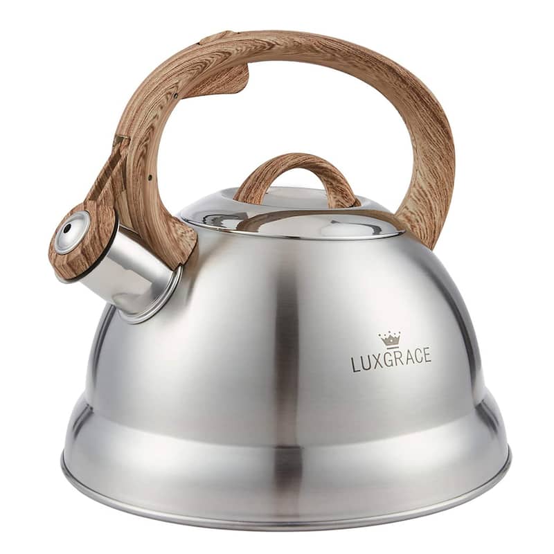 Creative Home 2.3 Qt. Stainless Steel Whistling Tea Kettle Teapot with Ergonomic Wood Rubber Touching Handle, Satin Finish - 2.3 Quarts