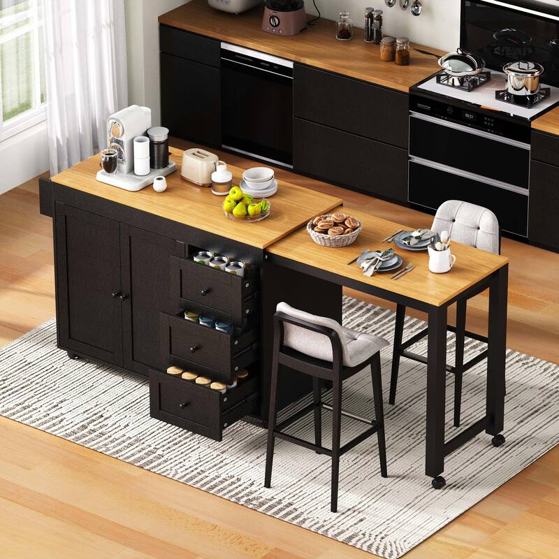Multi-Functional 74.8" Kitchen Island with Extendable Table – 3 Drawers, Power Outlet & Mobile Design‌ - Black