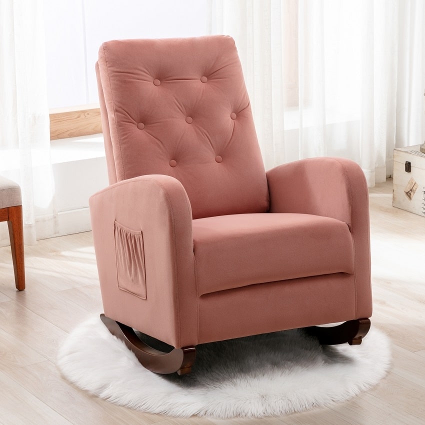 Baby Room High Back Rocking Chair Nursery Chair , Comfortable Rocker Fabric Padded Seat ,Modern High Back Armchair