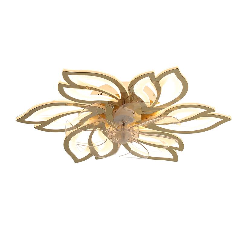 25.5 inch Cartoon Petal Ceiling Fans with Lights and Remote, Flush Mount Bladeless Ceiling Fan Lights with Reversible Blades - Gold