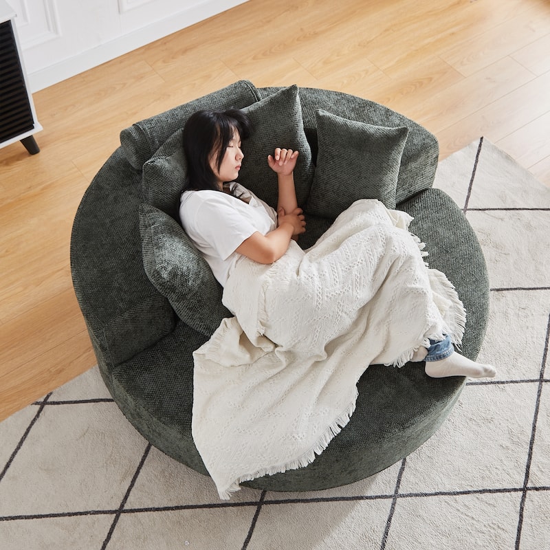360° Swivel Sofa Chair Chenille Round Single Chaise Lounge with Cylindrical Neck Pillow and Integrated Backrest for Living Room