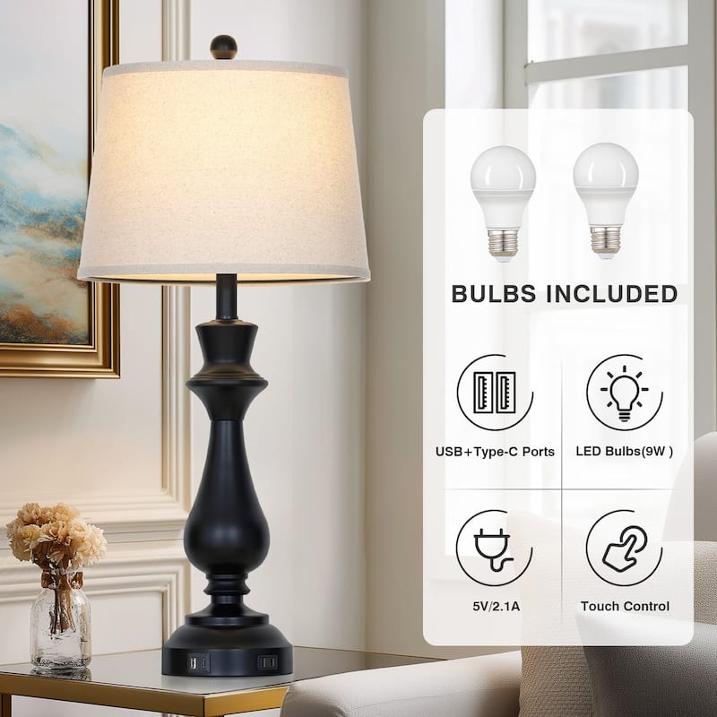 Modern 30-Inch Table Lamps with Touch Control, USB & Type-C Ports, and AC Outlet (Set of 2)