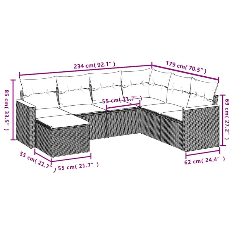 vidaXL Patio Sofa Set with Cushions Outdoor Conversation Furniture Poly Rattan - 24.4 x 24.4 x 27.2 in