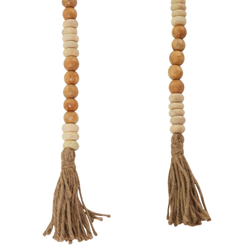 Brown Mango Wood Handmade Round Long Carved Beaded Garland with Tassel
