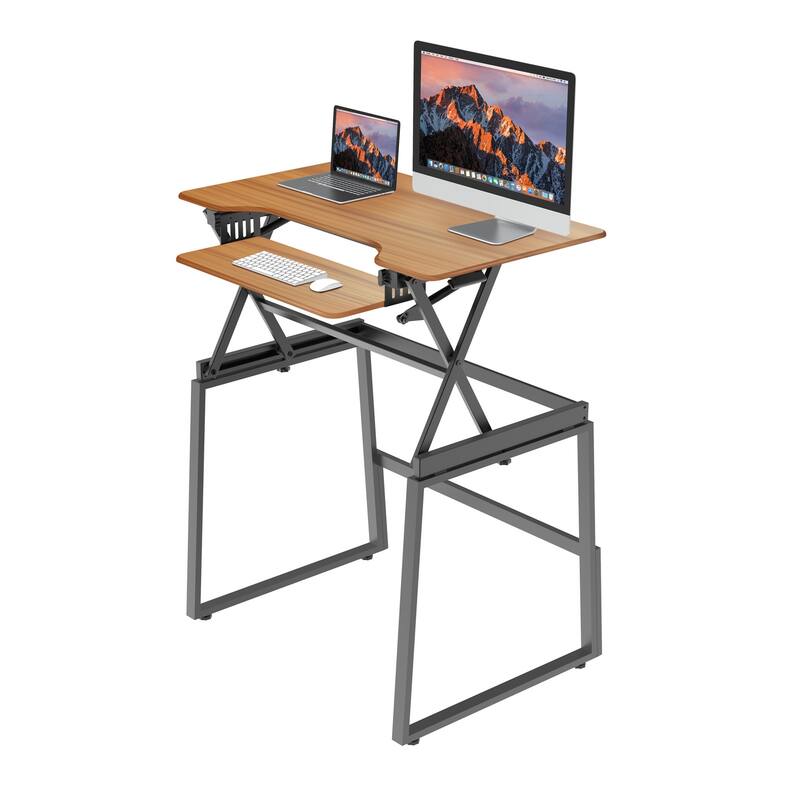 Rocelco 40 in.W Beige Height Adjustable Standing Desk Dual Monitor Riser Gas Spring Assist Computer Workstation Keyboard Tray