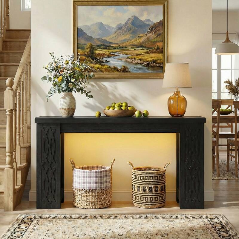47" Farmhouse Console Table with RGB LED Light ＆ Power Outlets, Unique Carved Design Farmhouse Entryway Table Sofa Table
