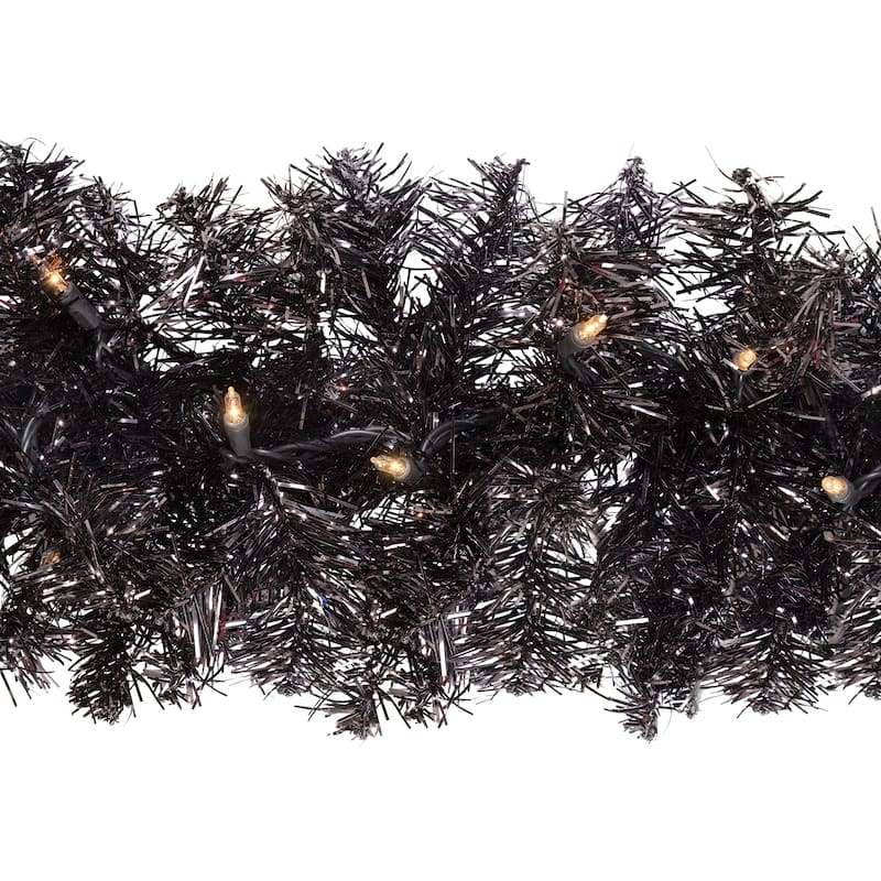 Pre-Lit Artificial Christmas Tinsel Garland - 9' x 8" - Black - Clear Lights