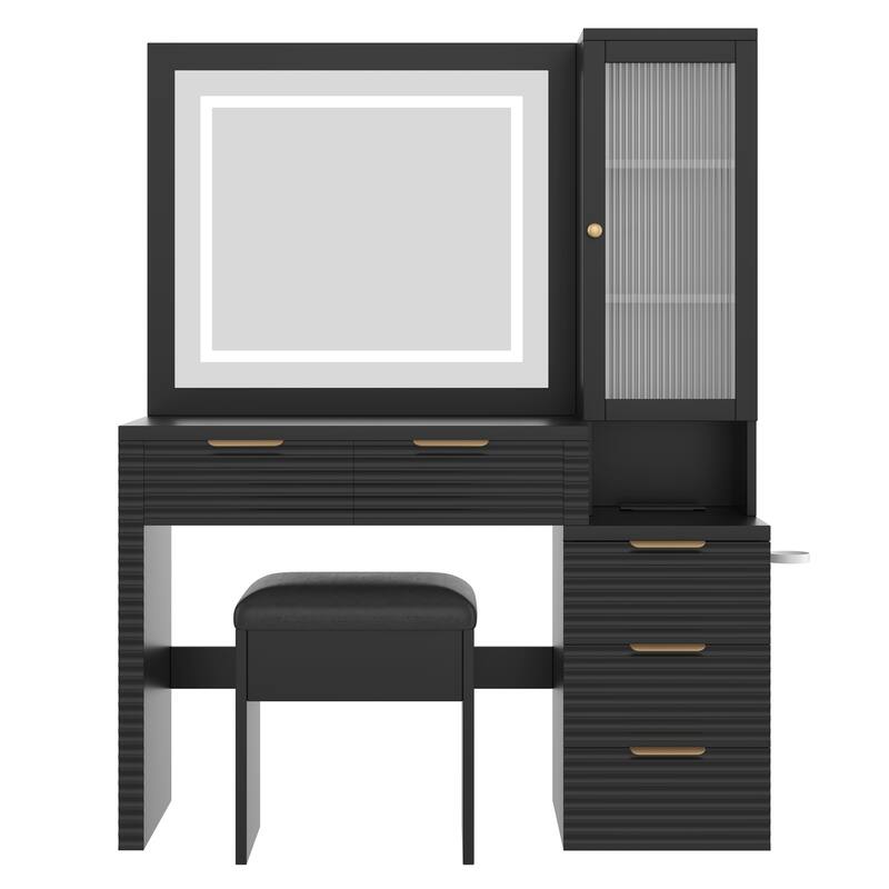 Fluted Makeup Vanity Desk with Charging Station, Bedroom Dressing Table Set with Storage Stool, Large Mirror and Lights