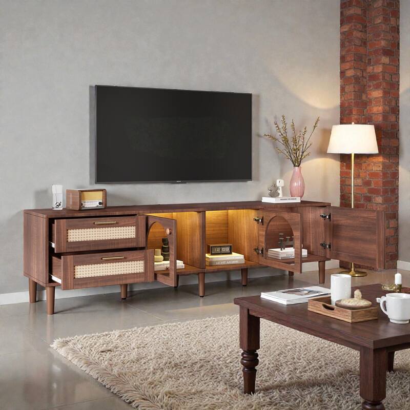 Rattan TV Stand with 3 Cabinets & 2 Drawers, LED Media Console for TVs up to 80'', Modern Storage Entertainment Center