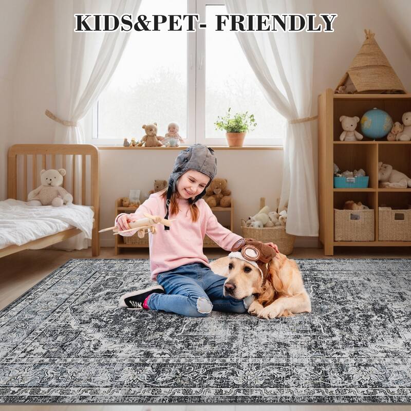 Machine Washable Area Rug Vintage Medallion Rugs Non Slip Low Pile Bedroom Rug