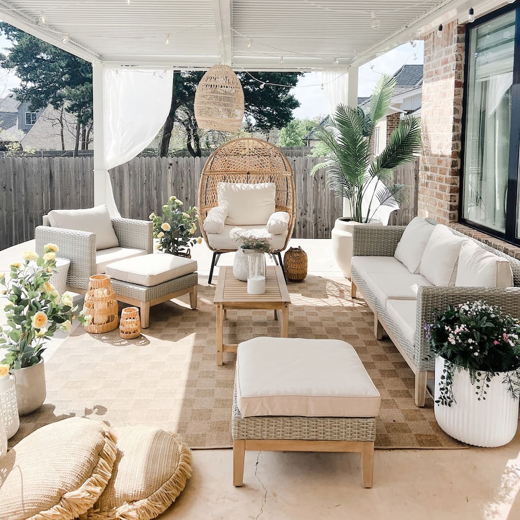 MAISON ARTS 5-Piece Outdoor Rattan & Acacia Wood Sectional Sofa Set, Patio Wicker Conversation Set with Coffee Table