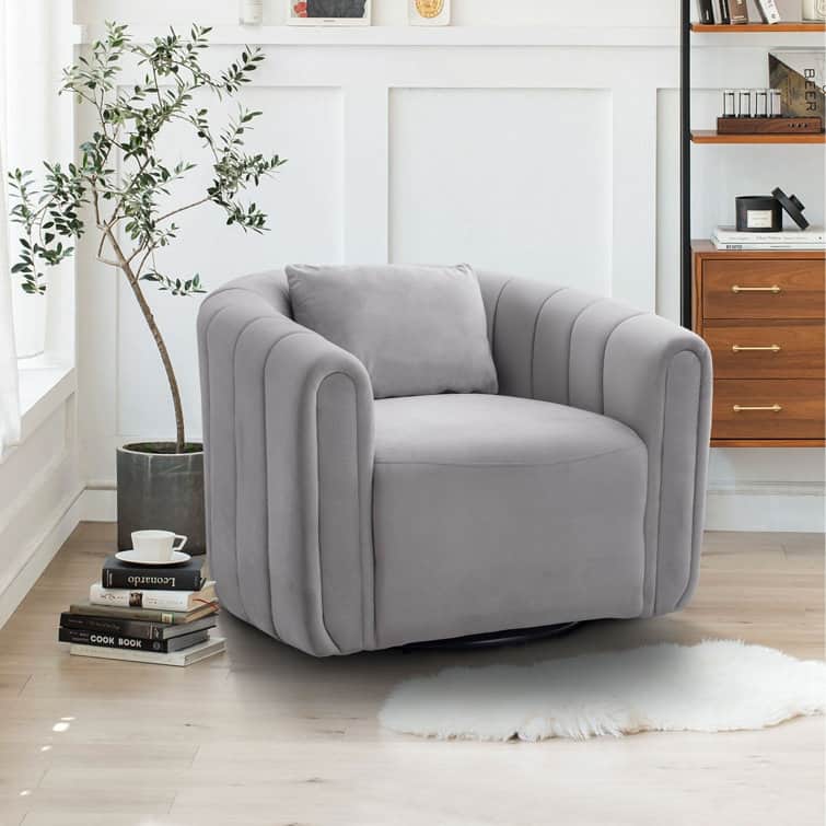 Ebello Oversize Velvet Swivel 360° Rotation Barrel Comfy Round Armchair With Pillow For Living Room Bedroom