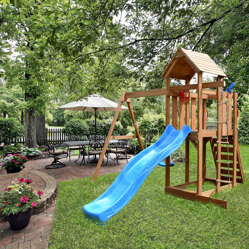ALEKO Wooden Swing Playset with Canopy, Swing, Slide, Climbing Wall - Multicolor