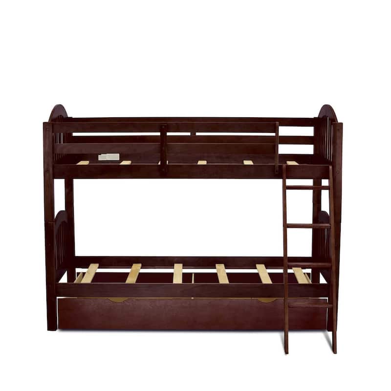 Twin Bunk Bed with Trundle & Drawer - Solid Wood, Java Finish - Space Saving Kids Bedroom Furniture