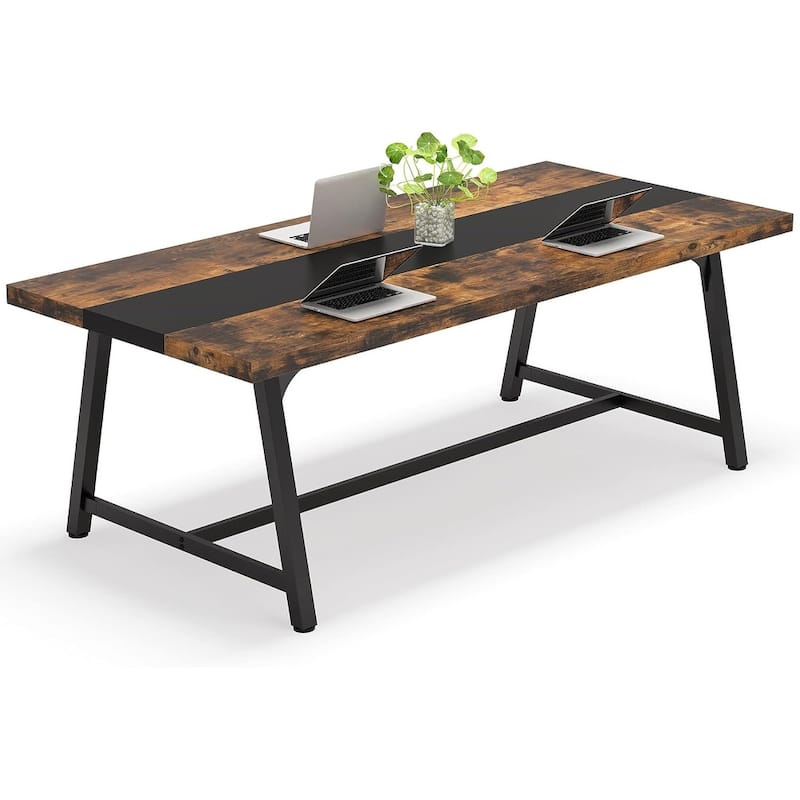 70", Modern Rectangular Conference Table for 6-8 People, Rustic Brown & Black